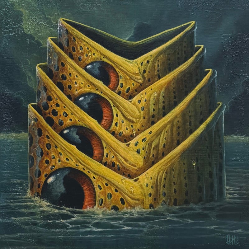 a square painting of four fish, each popping out of the other's mouth at a slightly different size, like a matryoshka doll