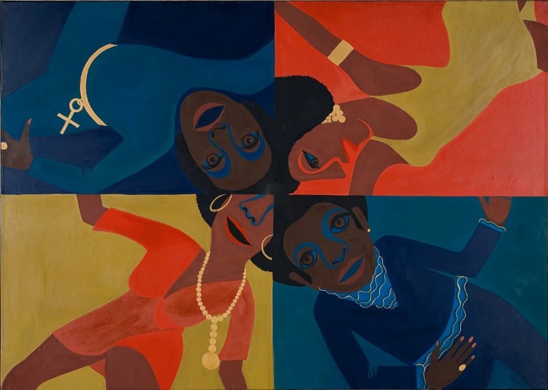 a painting with four quadrants and women in party clothes in each with their heads at the center