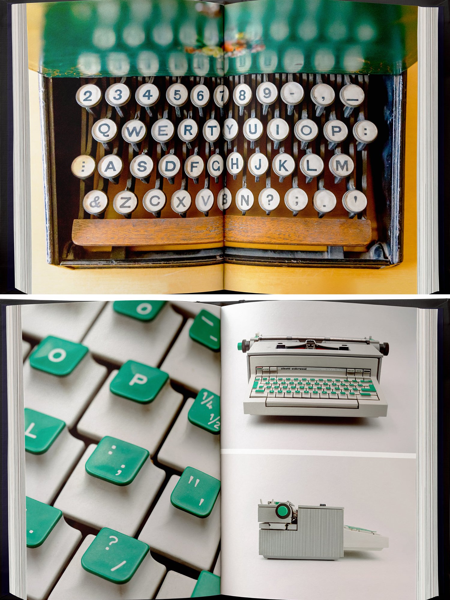 Two photos of book spreads with typewriter and computer images