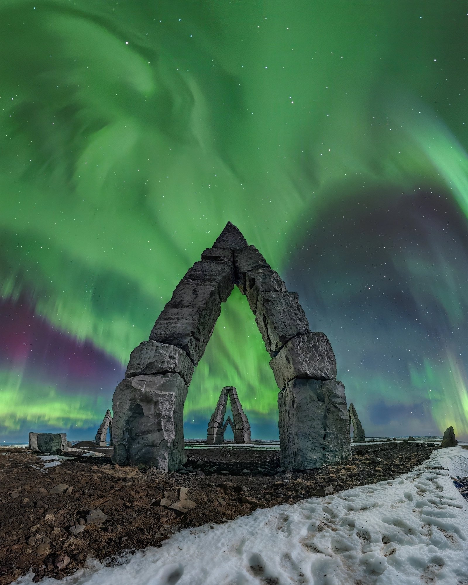 A photograph of the Northern Lights filling the night sky at the Arctic Henge.
