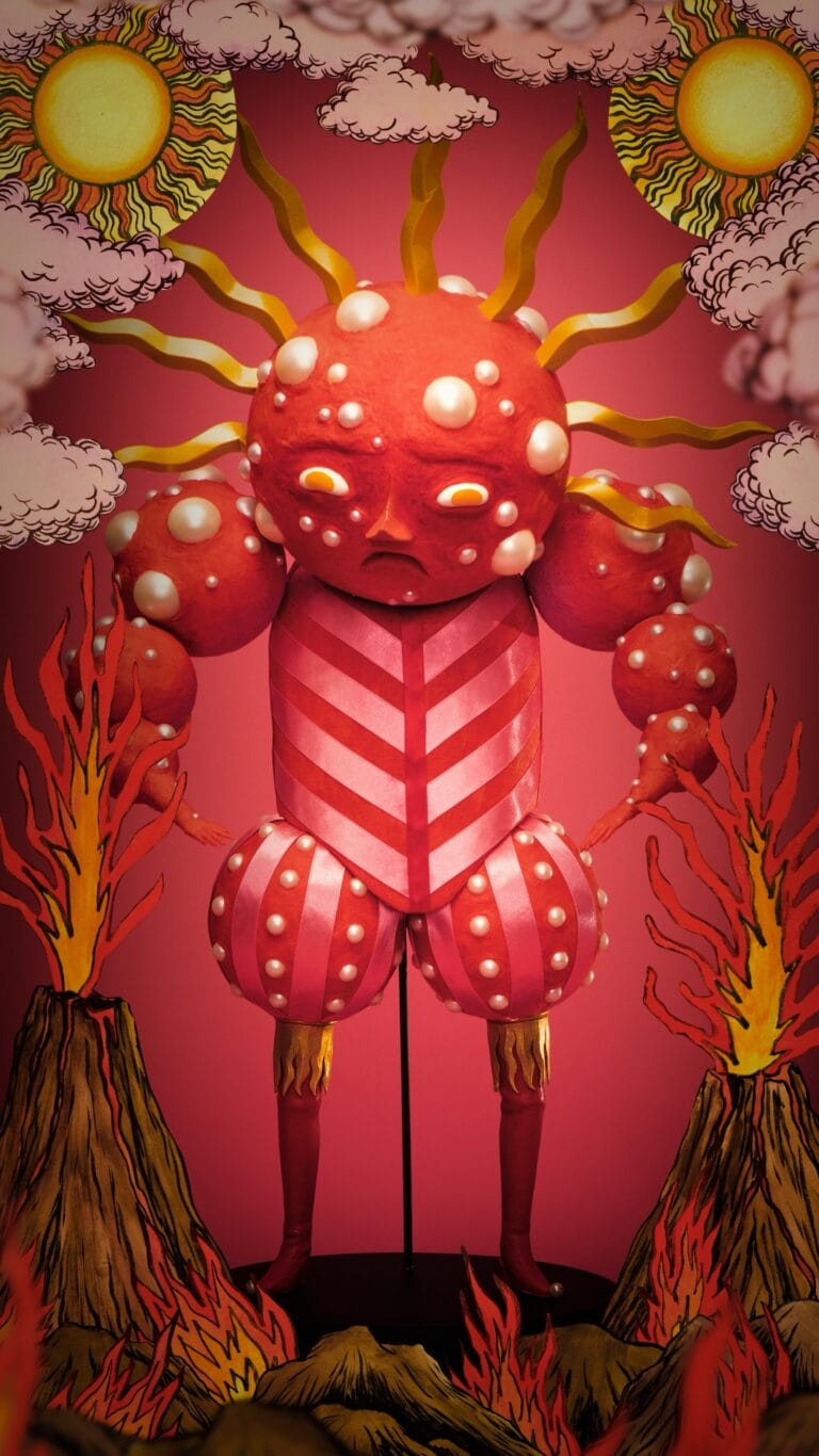 A sad, abstract figurative puppet representing the sun in medieval clothing by Cat Johnston