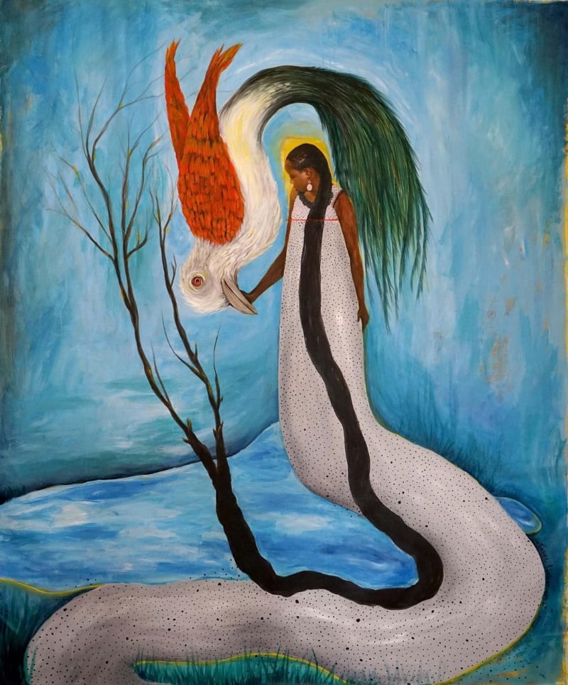 A collaged work with a bird and female figure