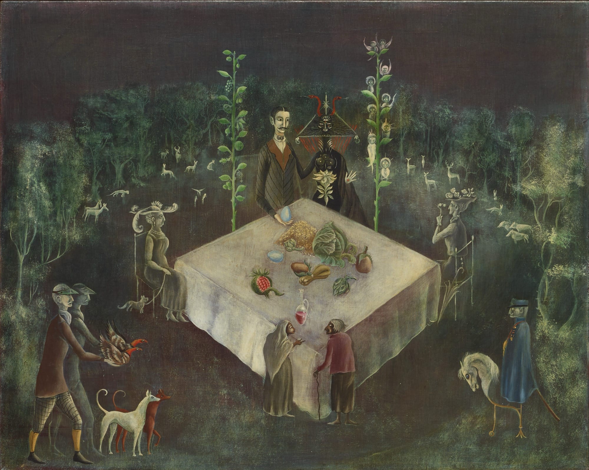 A surrealist painting by Leonora Carrington depicting a square table amid a forest, surrounded by unusual figures, plants, and animals