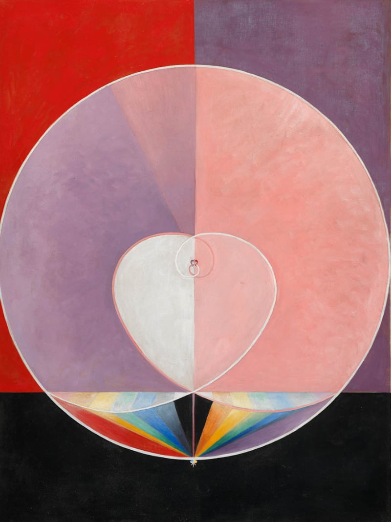 An abstract painting by Hilma af Kint of a round concentric circle with rainbow like details at the bottom