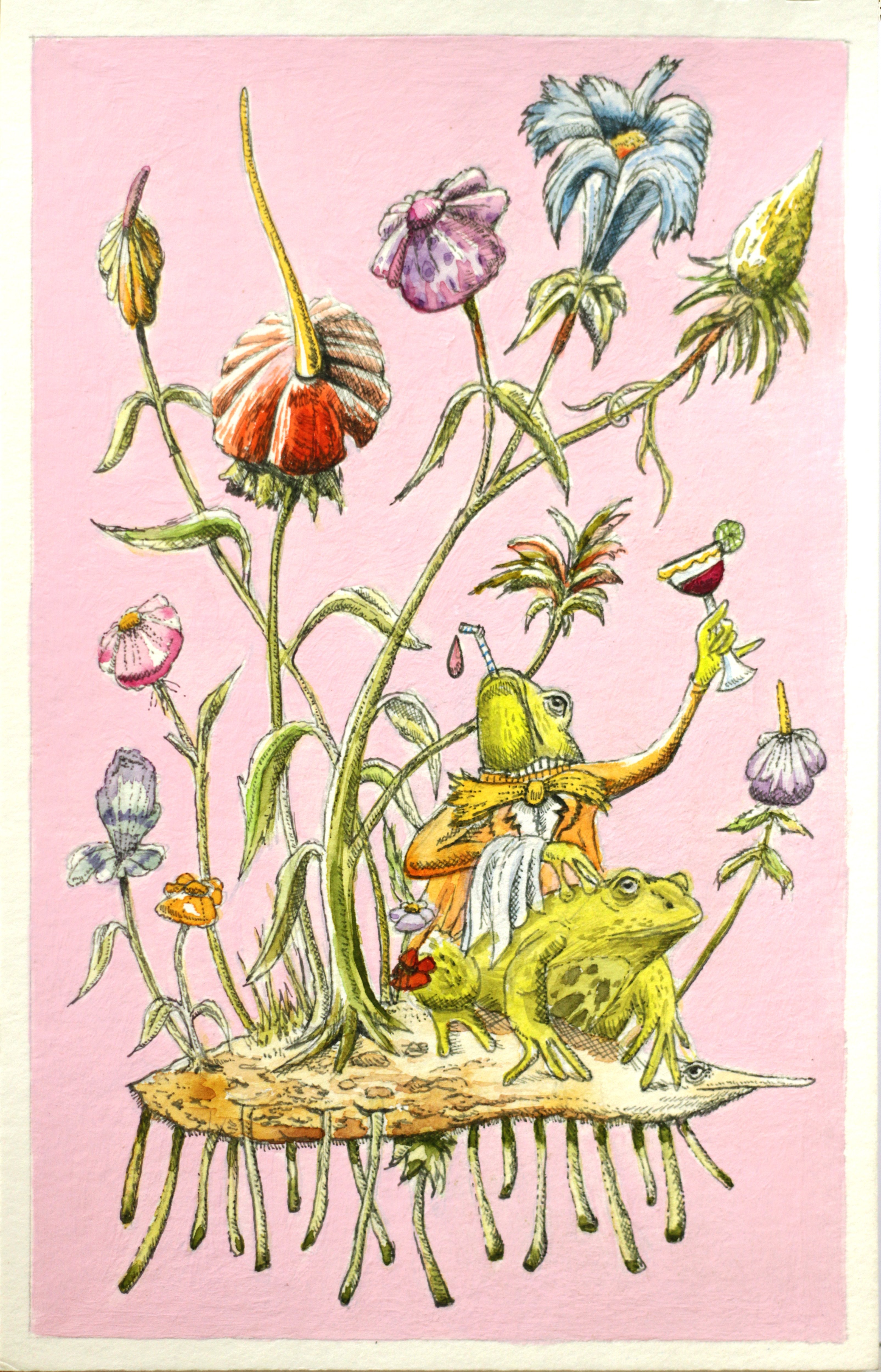 a small drawing with frogs, one holding a win glass, amid a collection of flowers