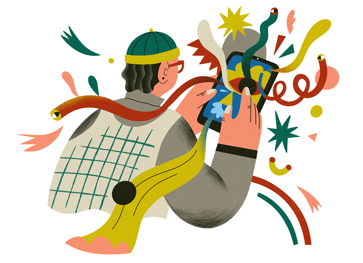 an illustration of a person holding a phone with flowers and squiggles coming out