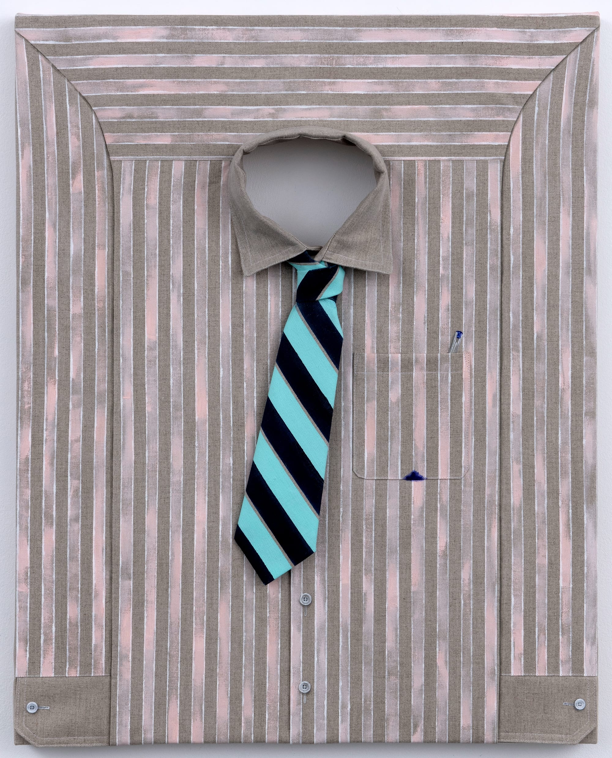 a trompe leoil painting by Amelia Cross of a folded button up shirt with a slightly askew striped tie