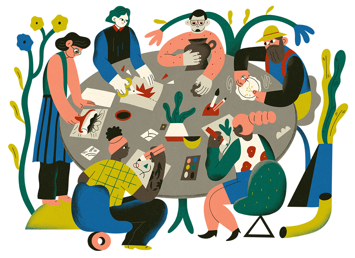 an illustration of characters participating in a workshop