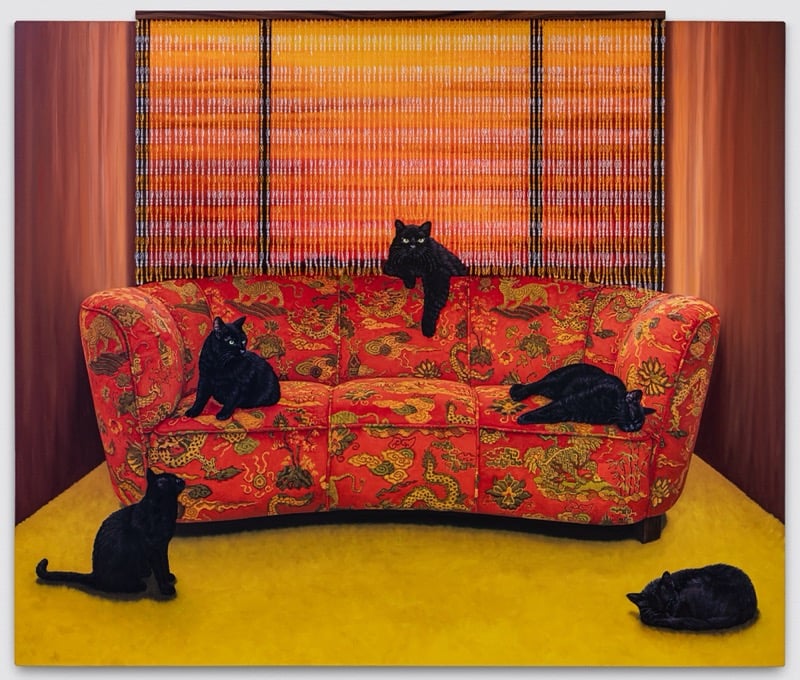 a painting of five black cats lounging on a red patterened couch in front of a wooden blind covering a sunset