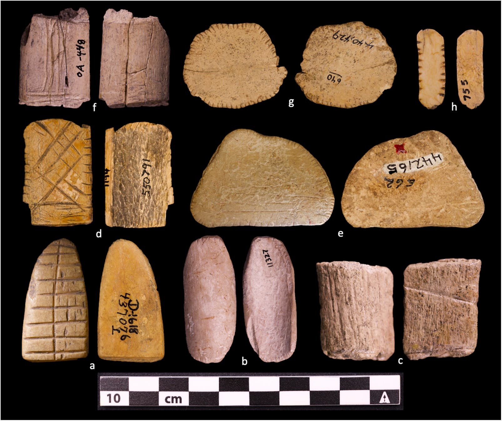 a composite photo of archaeological finds thought to be ancient dice carved from stone and bone, found in the American West and Southwest