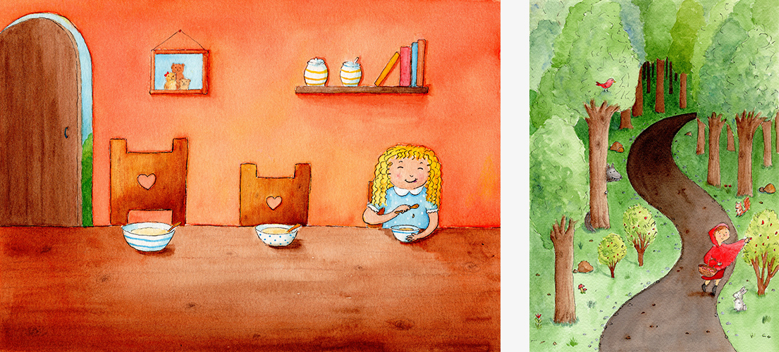 Left: Goldilocks sitting at a long table with three bowls of porridge as she tries the smallest bowl. The wooden door in the background is ajar. On the wall is a hanging painting of the bear family and a small shelf with honey jars and books.  Right: Little Red Riding Hood is walking down a meandering path through the forest and picking berries. The wolf is watching her from behind a tree.