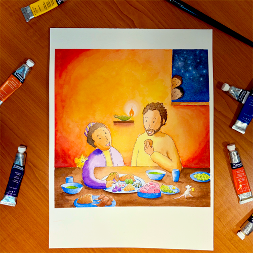 Watercolour illustration of Zacchaeus eating a big meal with Jesus. Both look happily at each other as they talk, while two curious neighbours peer in through the back window.