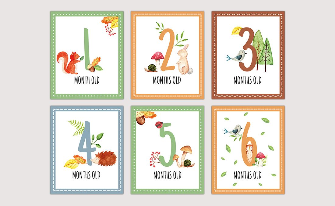 Six printable watercolour monthly baby milestone card photo props with woodland animals.