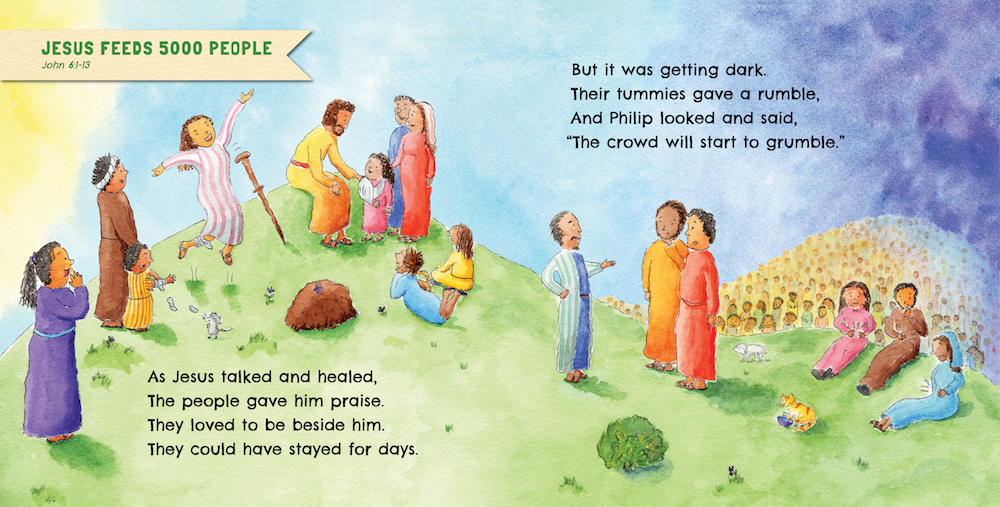 Book illustration of Jesus speaking and healing on the mountainside before feeding the 5000. A healed woman jumping, a little girl with a broken arm and disciples worried about people getting hungry.