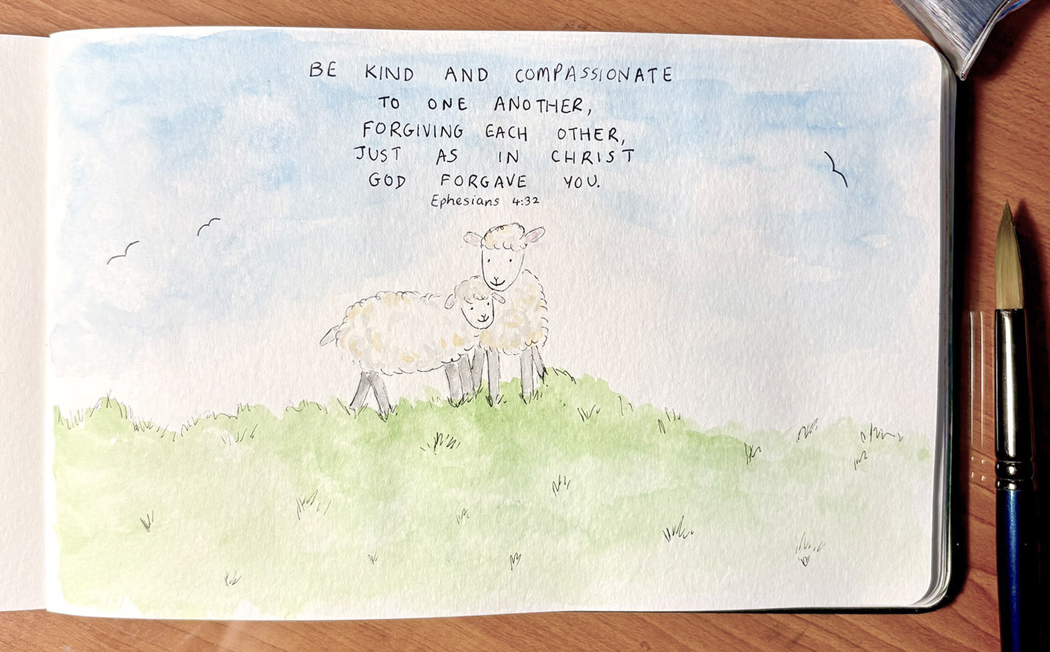 Watercolour illustration of two sheep leaning on each other with the Bible verse, 