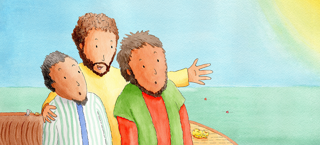 Watercolour painting of Jesus standing in a boat behind two surprised disciples as he kindly speaks to them, pointing to the sea