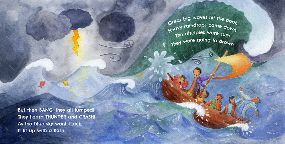 Disciples scared in the boat during the storm. Dark clouds, lightning and huge waves.
