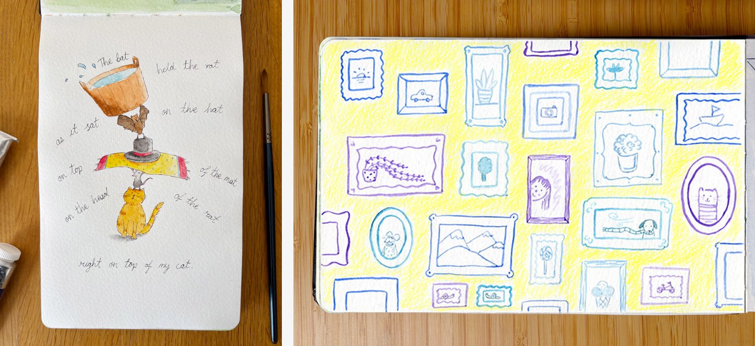 Left: Illustrated poem with the text: The bat held the vat as it sat on the hat, on top of the mat, on the head of the rat, right on top of my cat. Right: Watercolour and pencil illustration of a yellow wall with picture frame outlines, each filled with single paintings of toys, treats, landscapes, animals, plants and a girl.