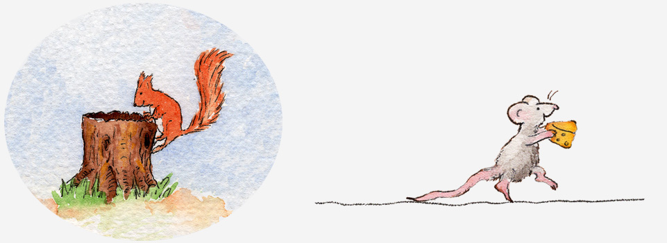 Left: A smiling squirrel looking into a tree stump. Right: A happy mouse walking, carrying a piece of cheese.