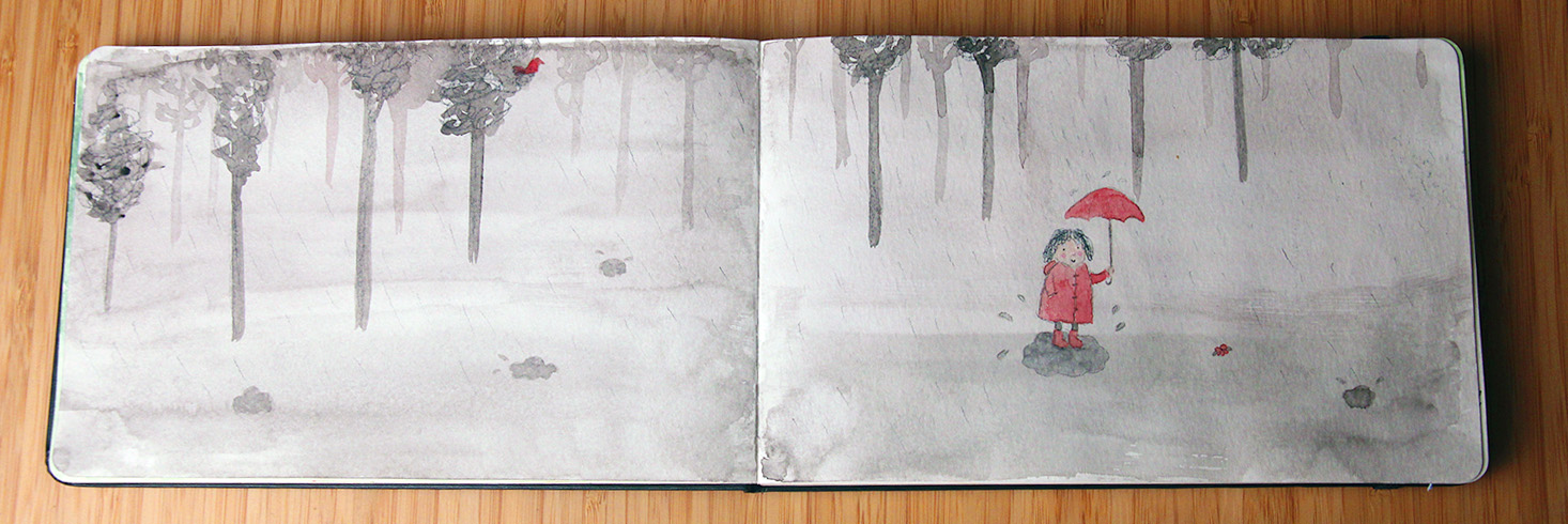 Open double-page landscape sketchbook with a watercolour greyscale rainy forest background and a girl in a red raincoat, boots and umbrella jumping in a puddle.