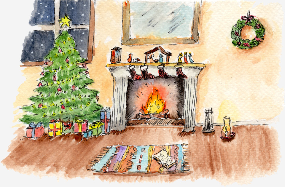 Watercolour and sketched ink painting of a Christmas tree, presents, a fireplace with a nativity on the mantle piece, a colourful rug with an open book on it, a lantern on the wooden floor, a mirror and wreath on the wall and a snowy window at night.