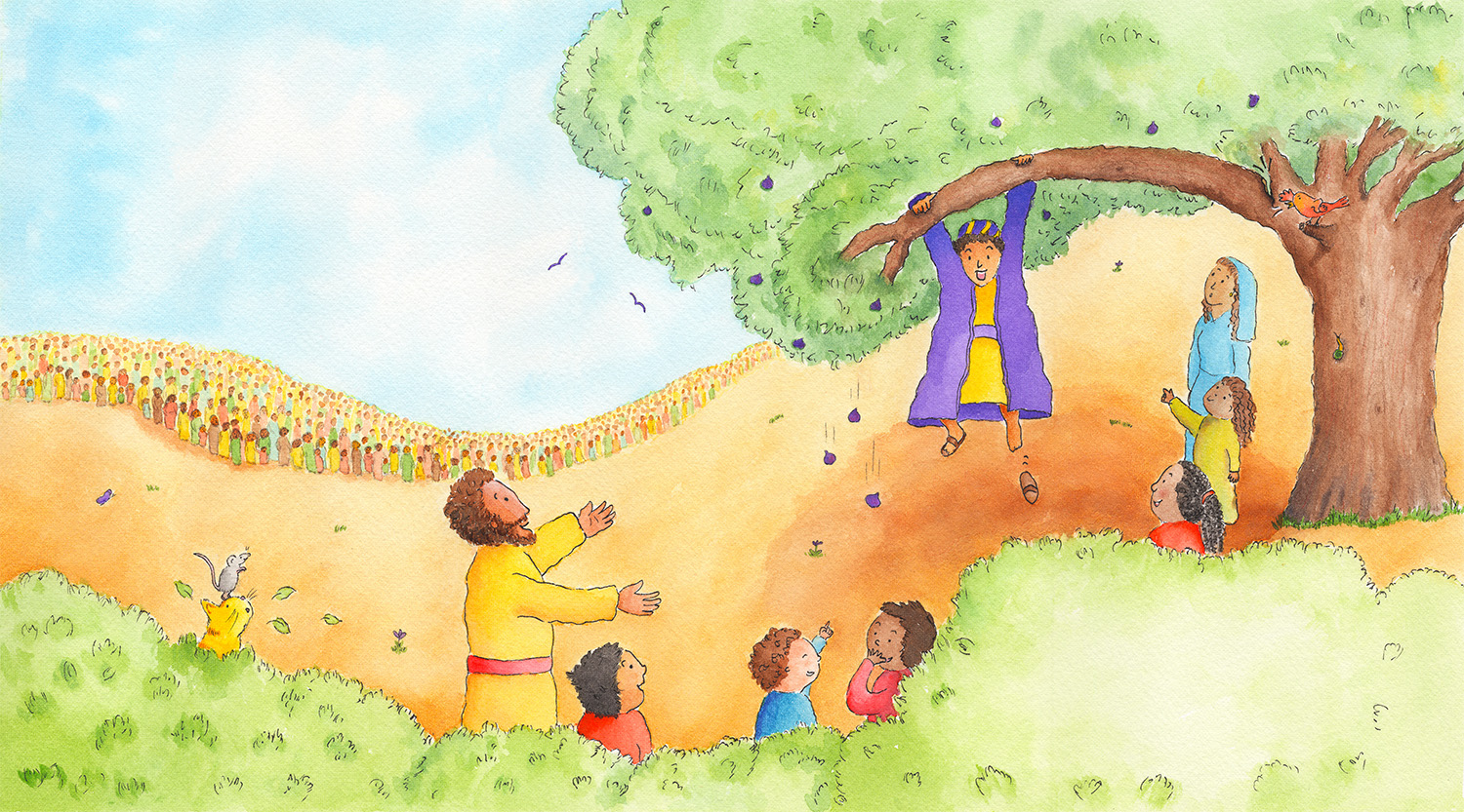 Zacchaeus is hanging from a tree, smiling widely at Jesus while one of his sandals falls off. Jesus is smiling up and speaking to him with open arms. Children are pointing at Zacchaeus and giggling.