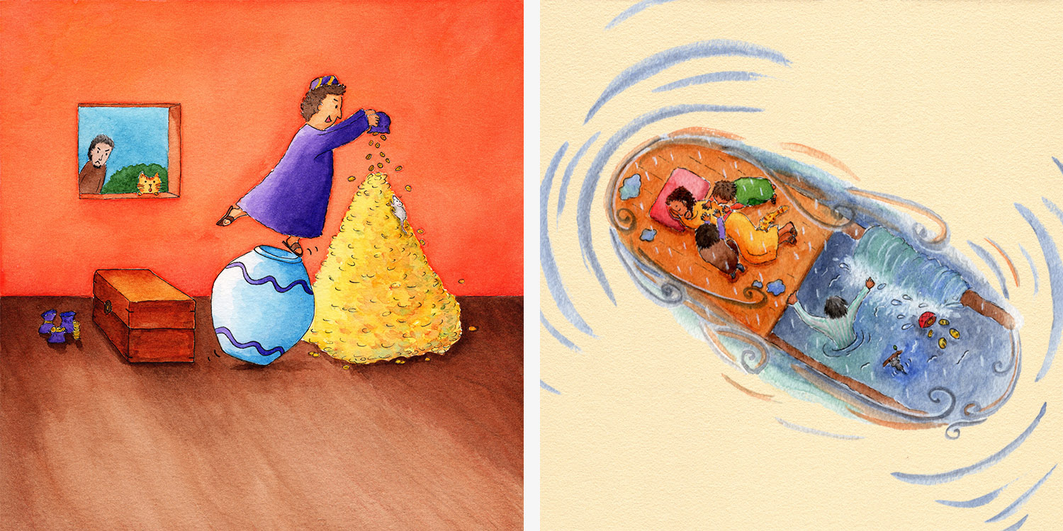 Left: Zacchaeus dressed in purple, having jumped over a treasure chest and now balancing on the edge of a large stone vase as he empties coins from a money pouch onto a tall mountain of coins, as a mouse runs up it. An angry neighbour and surprised cat are watching him through the window. Right: Jesus sleeps peacefully in a boat which is swirling around, as his disciples kneel next to him trying to wake him up.