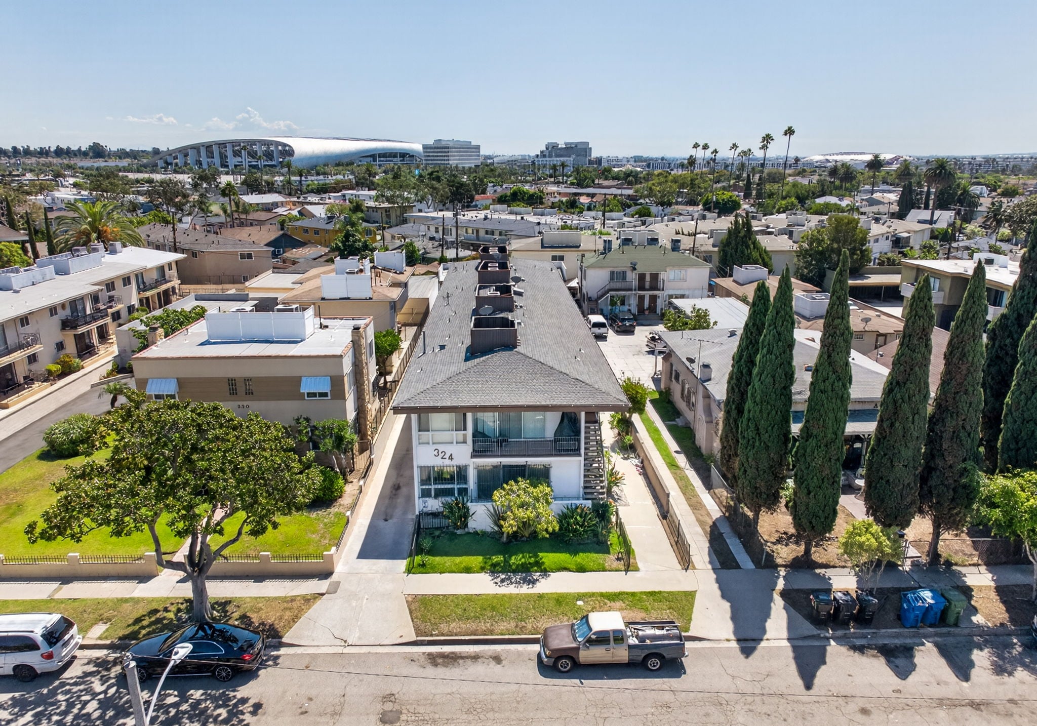 Aerial view of 324 E Tamarack Avenue with SoFi Stadium on the horizon