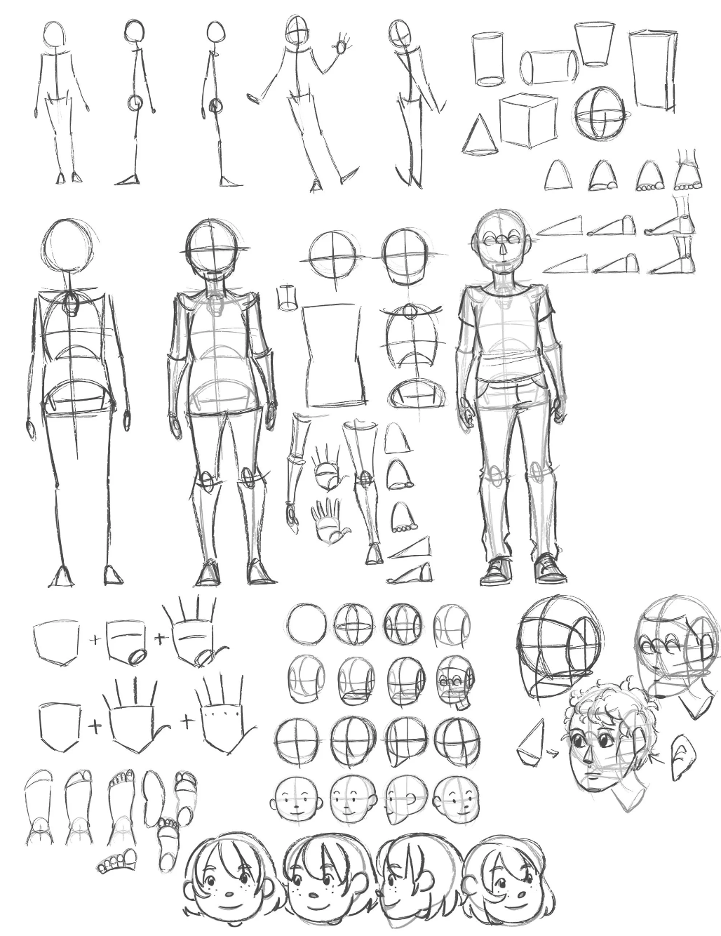 Drawing template demonstrating how to draw heads, full body poses, aligning facial features, etc from Manga Madness.