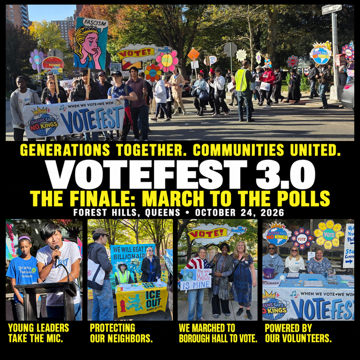 Neighbors carrying the VOTEFEST banner and handmade signs at the October 24 march in Forest Hills