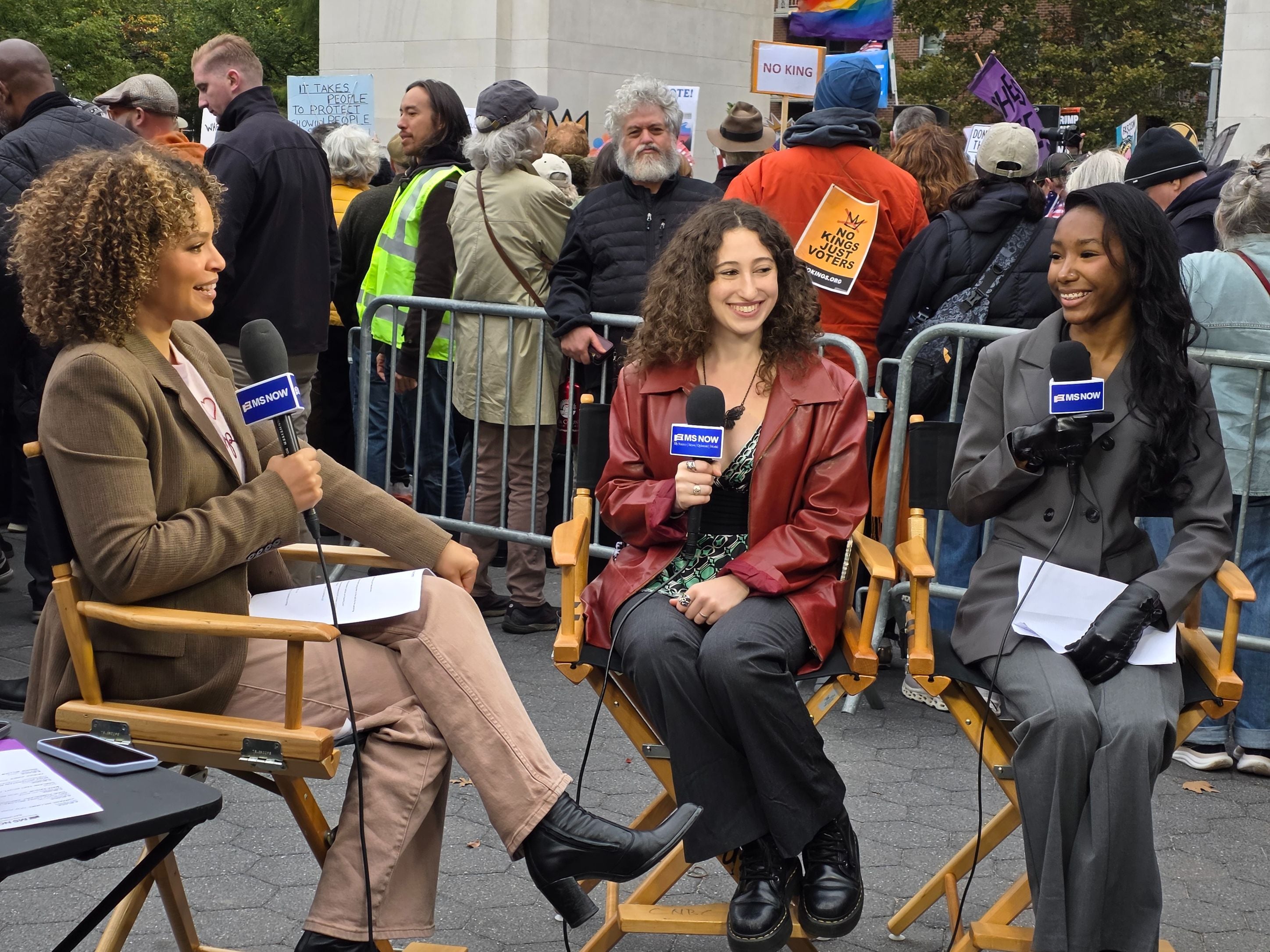 Antonia Hylton, Nova Wittenstein Brent and Za’riah Jones together for MS NOW’s VOTEFEST NYC coverage in Washington Square Park.