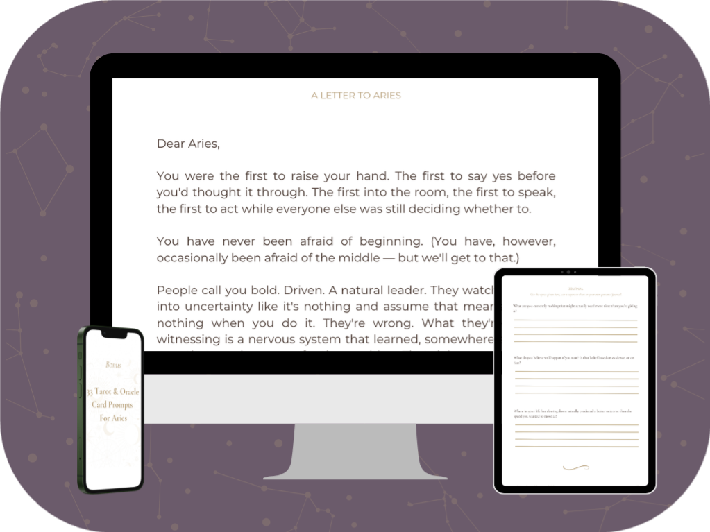 Aries Shadow Work Guide pdf mockup — letter, journal prompt and tarot spread example