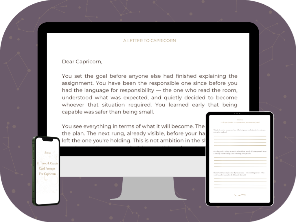 Aquarius Shadow Work Guide pdf mockup — letter, journal prompt and tarot spread example