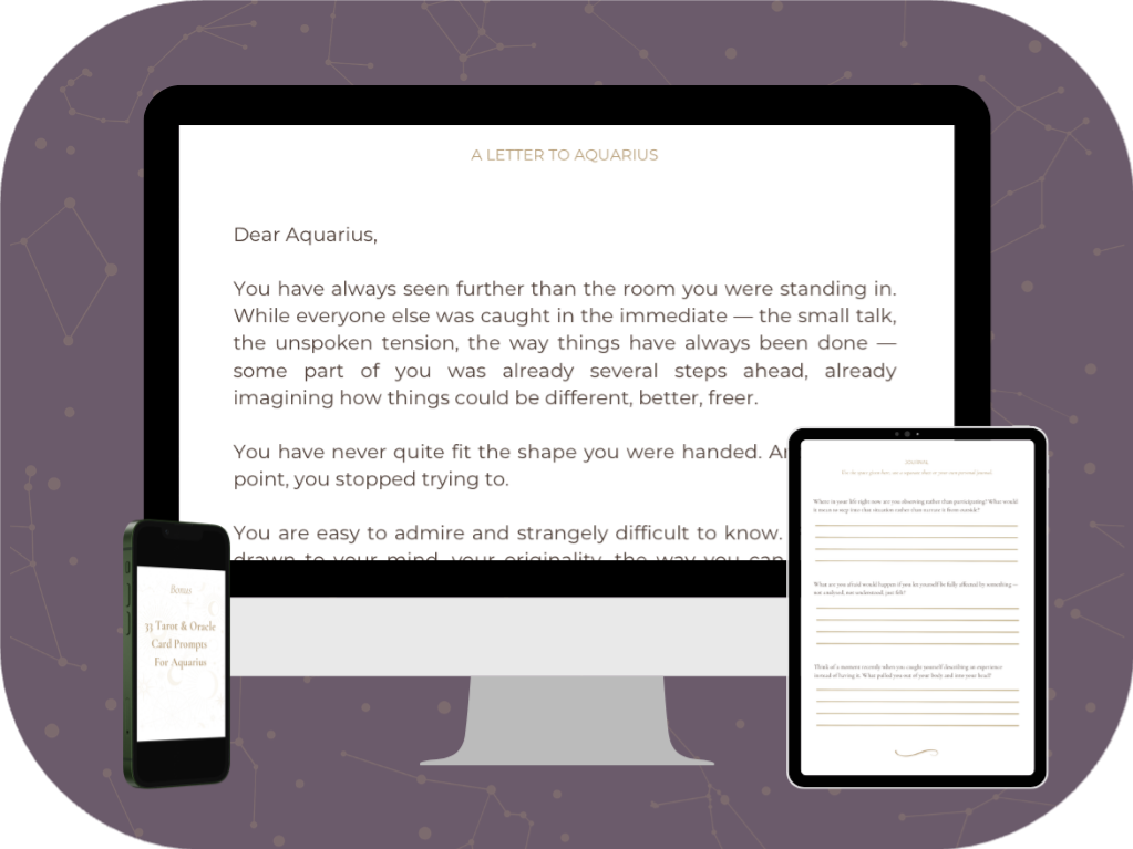 Aquarius Shadow Work Guide pdf mockup — letter, journal prompt and tarot spread example