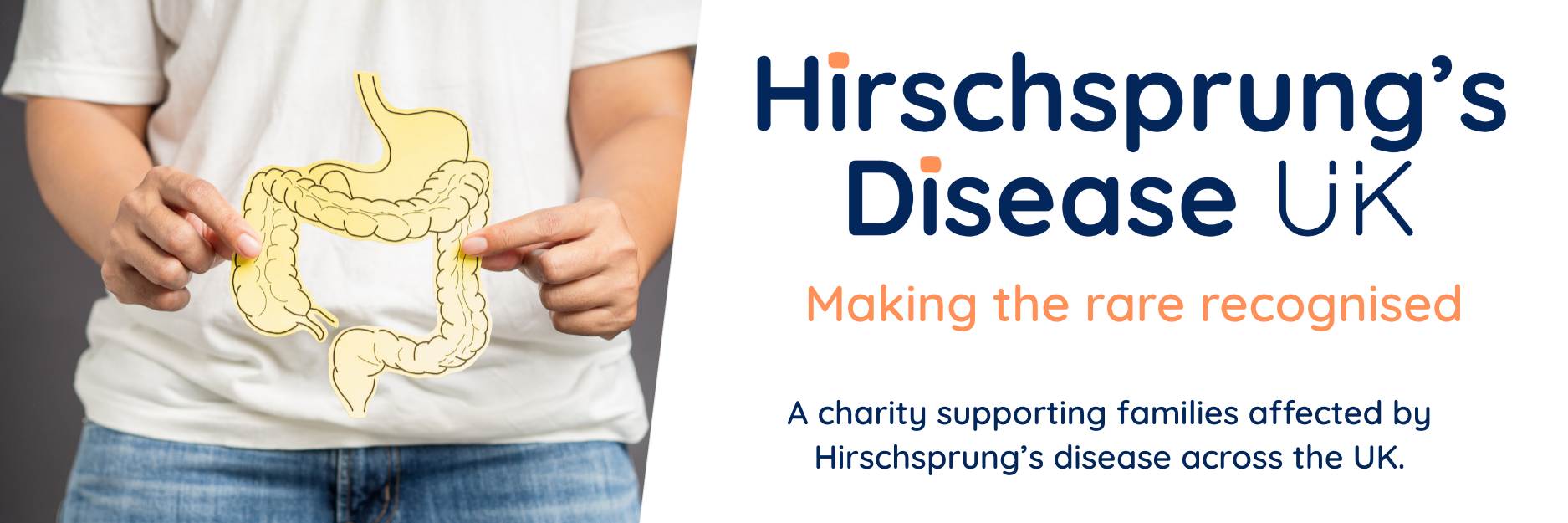 Person holding a paper illustration of the bowel and digestive system to represent Hirschsprung’s disease. Text that says Making the Rare Recognised and A charity supporting families affected by Hirschsprung’s disease across the UK.