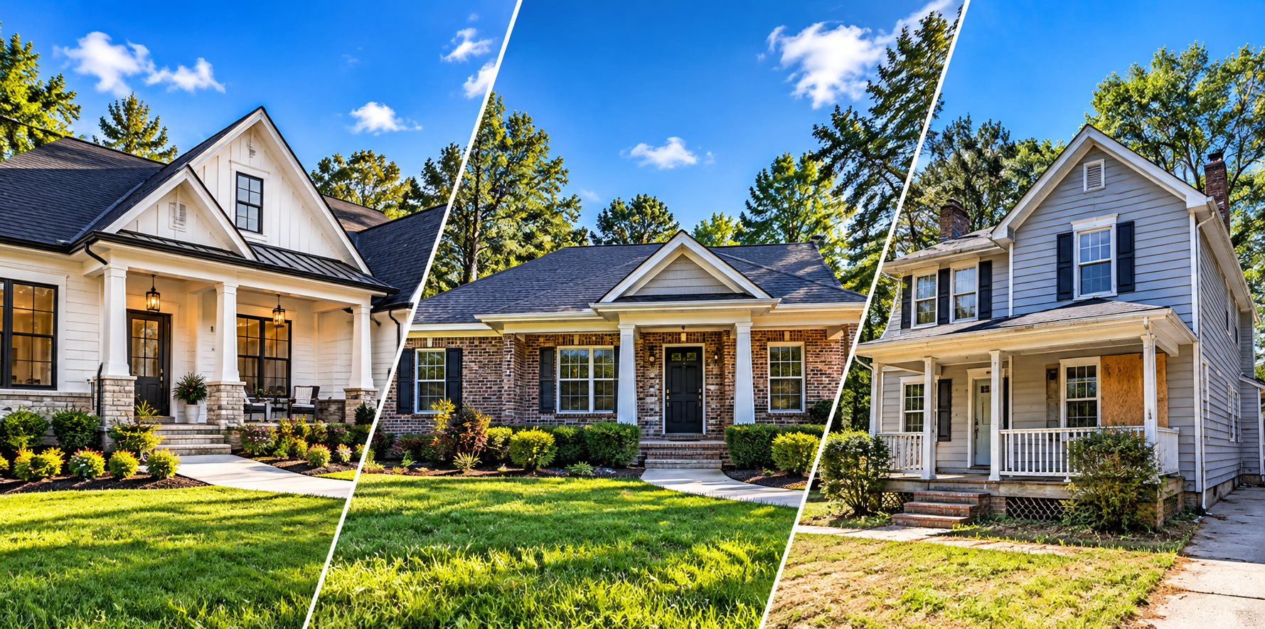 Residential real estate investment opportunities featuring renovated homes and fixer-upper properties in Middle Georgia.
