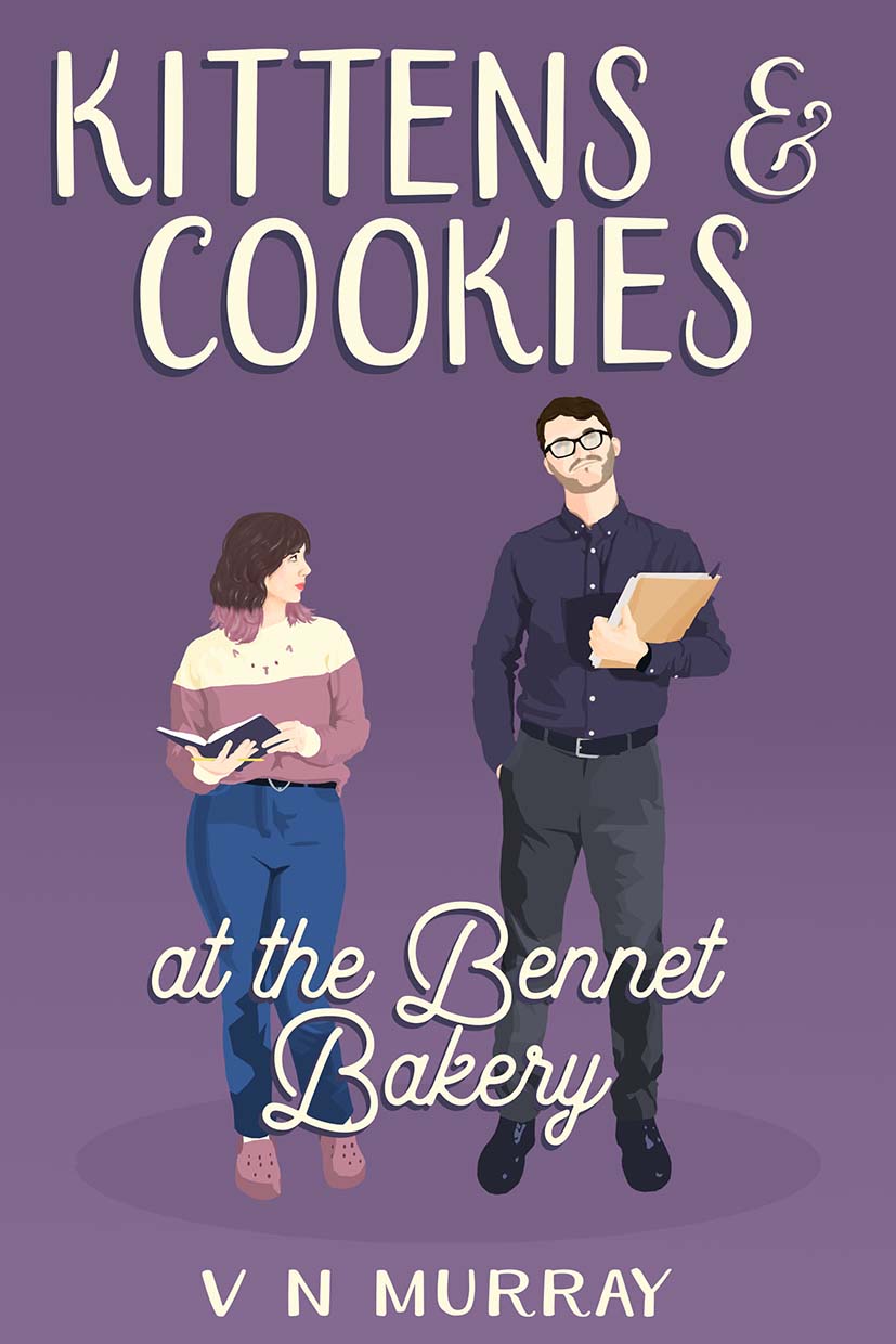 Kittens & Cookies at the Bennet Bakery cover showing a young couple. One is a woman with pink tinted hair, dressed casually. the other is a tall man dressed in business casual.