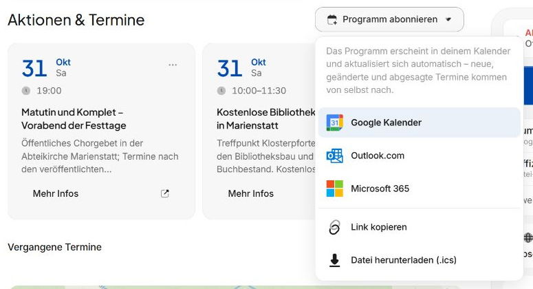 Programm abonnieren mit Google Kalender, Outlook, Microsoft 365 und Kalenderlink