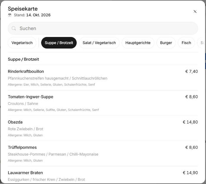 Desktop-Speisekarte des Restaurants Kurfürst mit Suche, Kategorien, Preisen und Allergenangaben