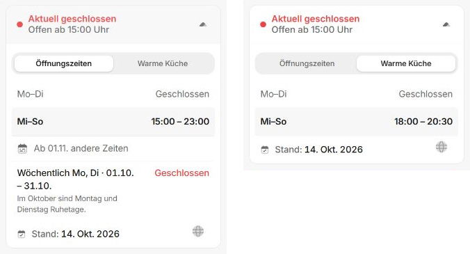 Öffnungszeiten links und Zeiten für warme Küche rechts beim Posthansl