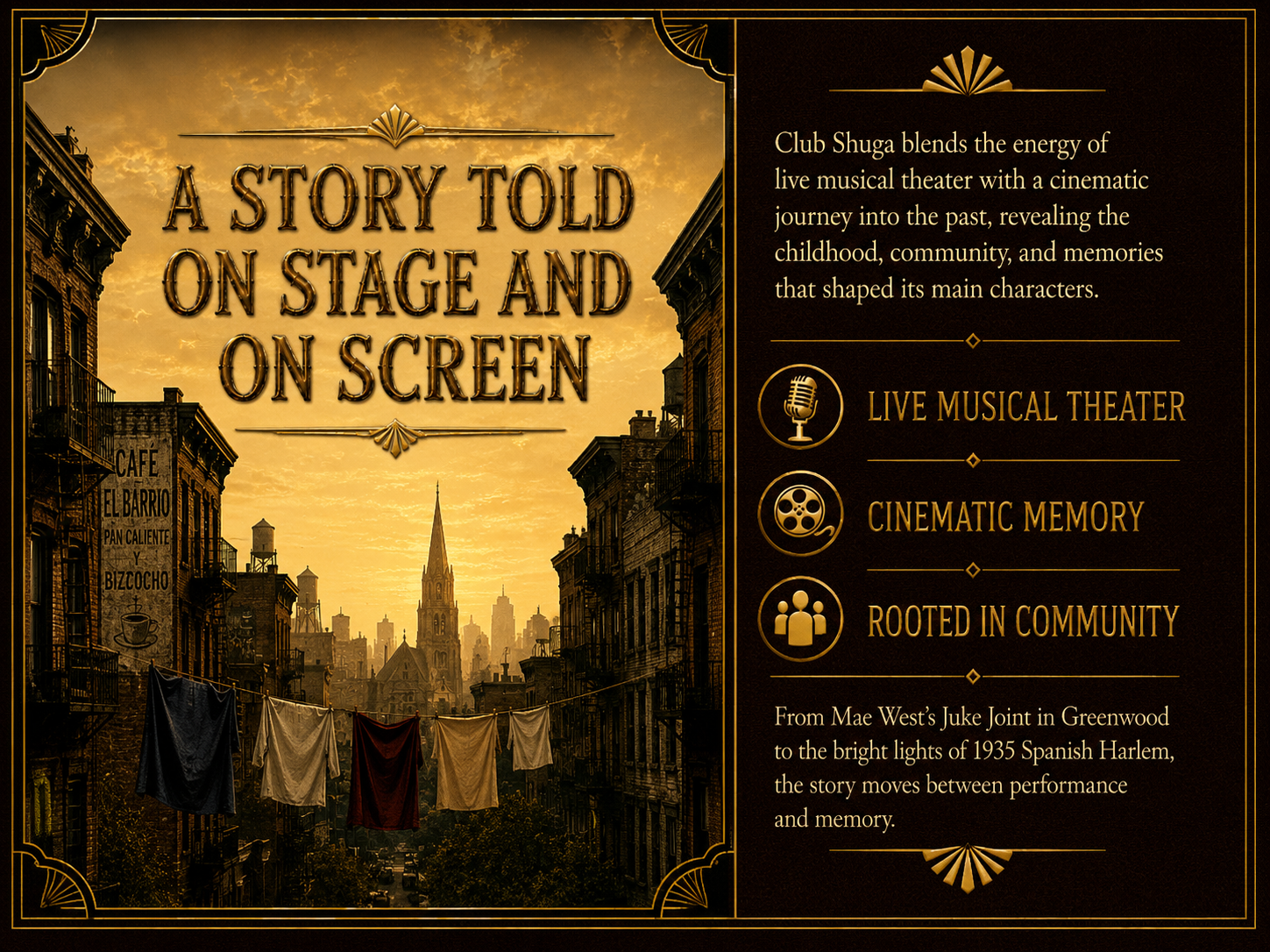Club Shuga stage and screen section showing live musical theater and cinematic storytelling