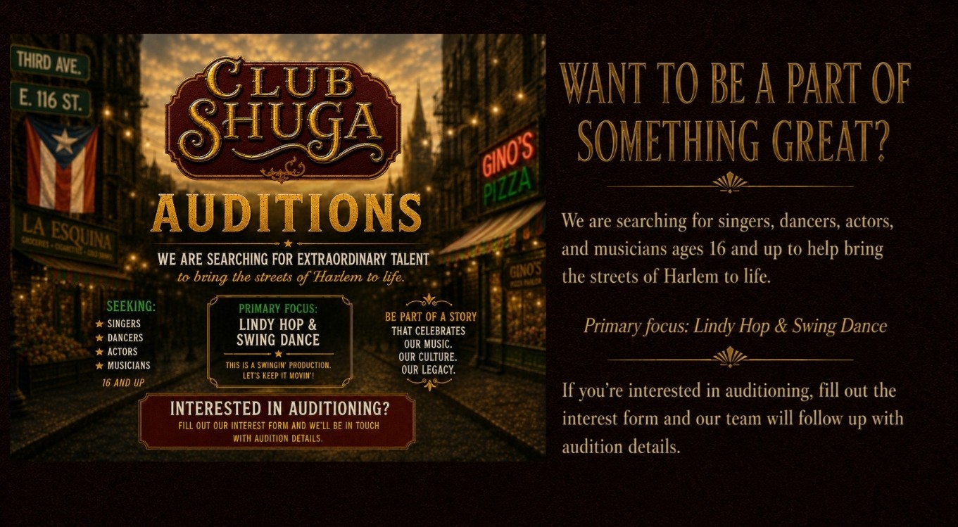 Club Shuga audition interest poster for singers, dancers, actors, and musicians ages 16 and up