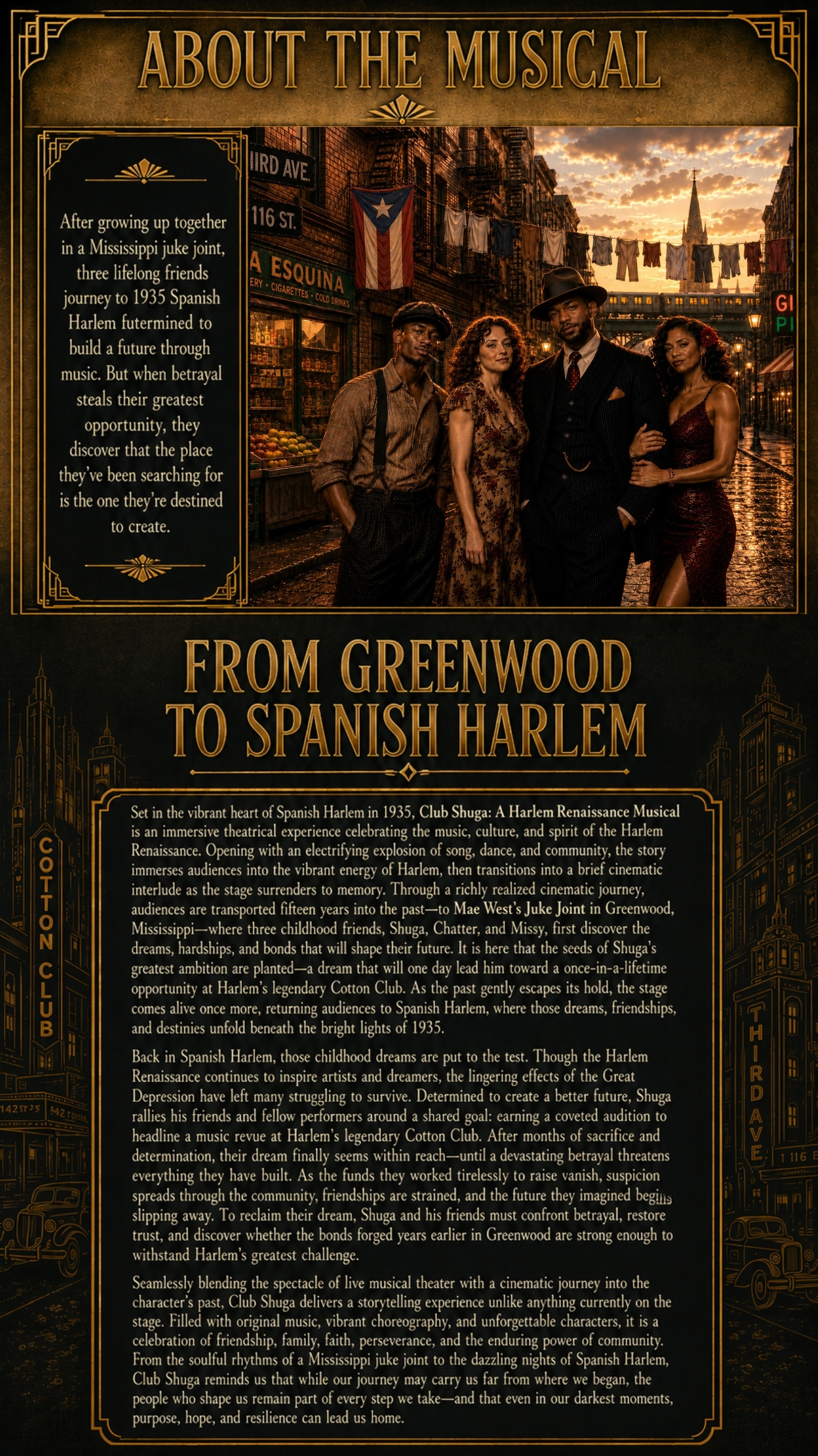 Club Shuga story synopsis showing the journey from Greenwood to 1935 Spanish Harlem