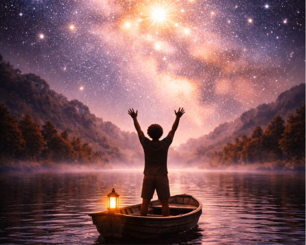 A person on a boat reaching to the skys under a stary night.