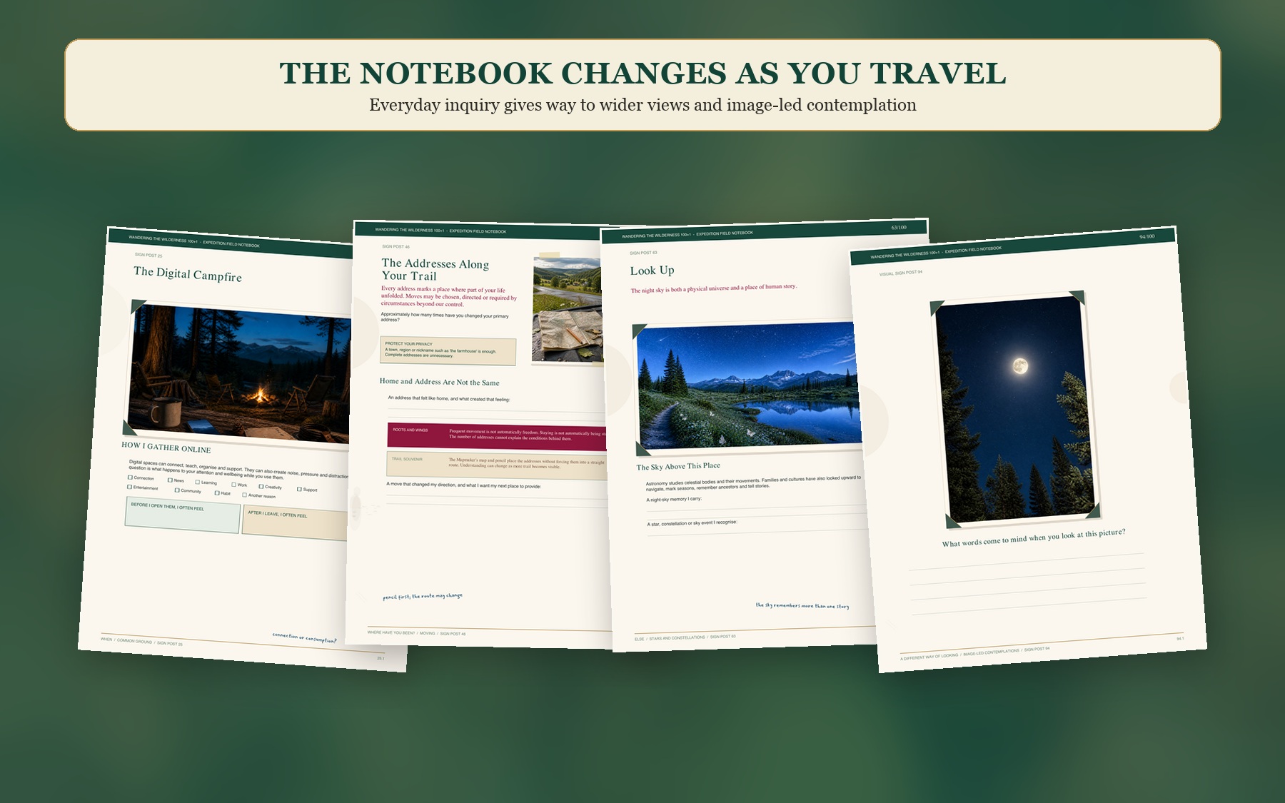 Sample Expedition Field Notebook pages showing how the page designs change as the journey progresses.