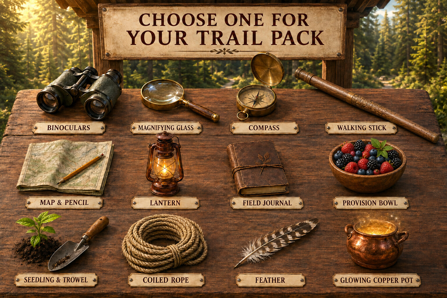 A playful trail pack filled with tools carried by the twelve companions.