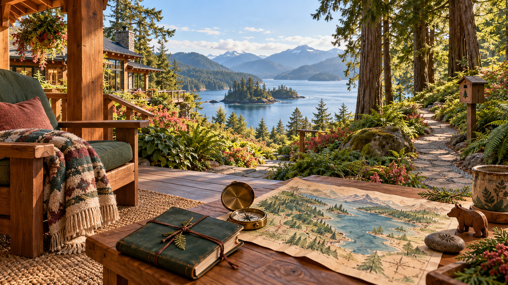 Fictional Cedar Bay Lodge concept: a welcoming cedar porch, adventure map and compass overlooking a bay and woodland path