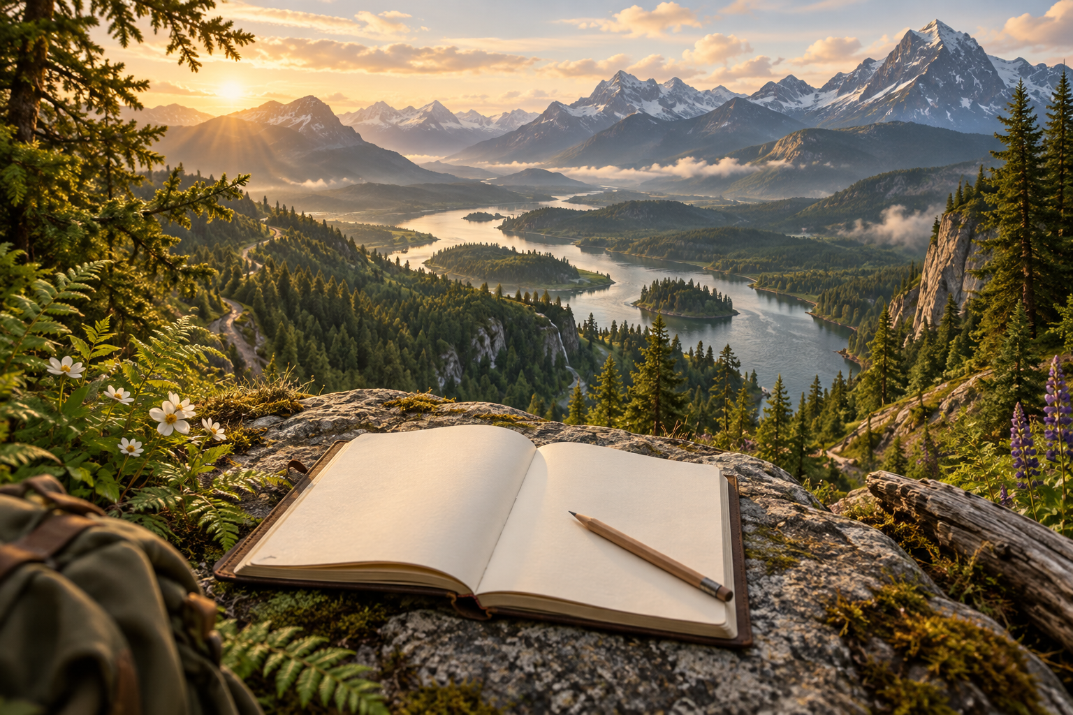 An open field notebook overlooking a golden mountain valley