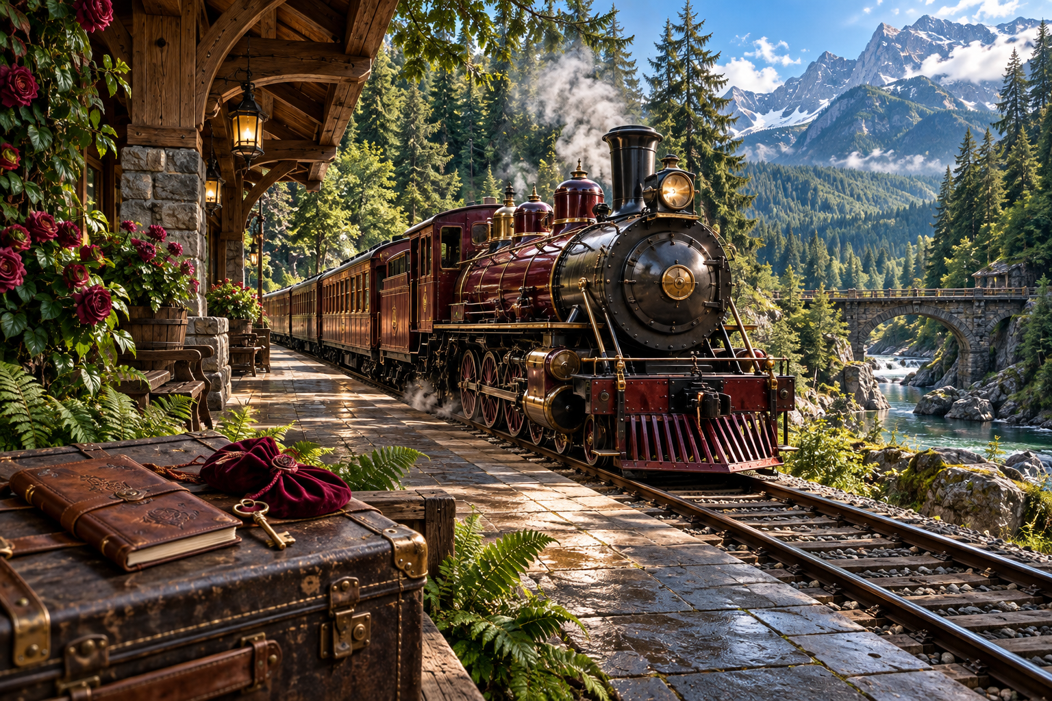 The Rose Line Express at a rose-covered woodland station beside a mountain river.