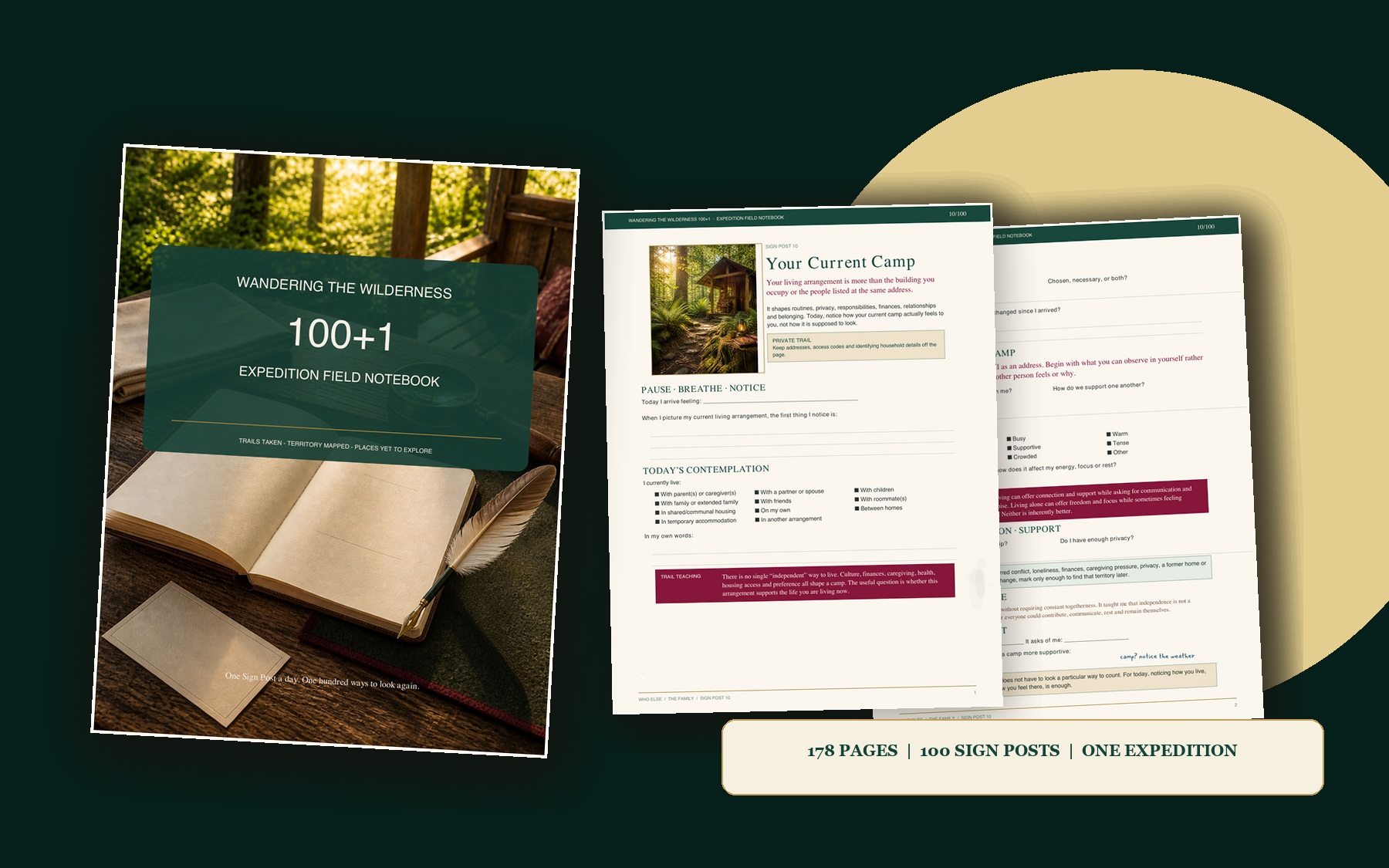 Expedition Field Notebook cover beside sample pages from Sign Post 10, Your Current Camp.